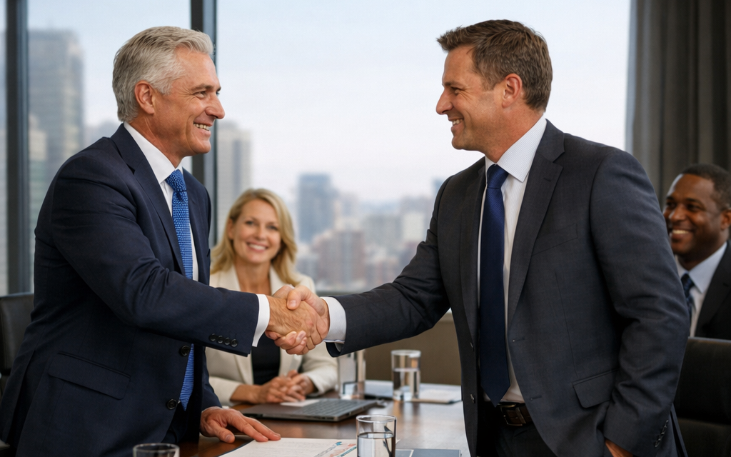 Senior energy-sector executives shaking hands in a boardroom after a successful meeting