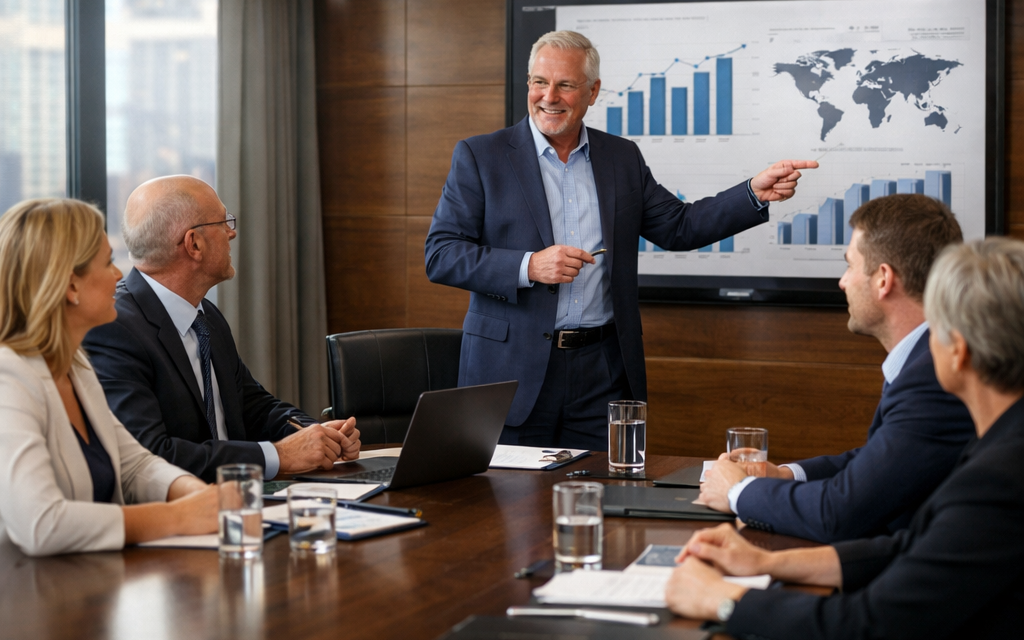 Executive team in a boardroom strategy meeting reviewing growth plans